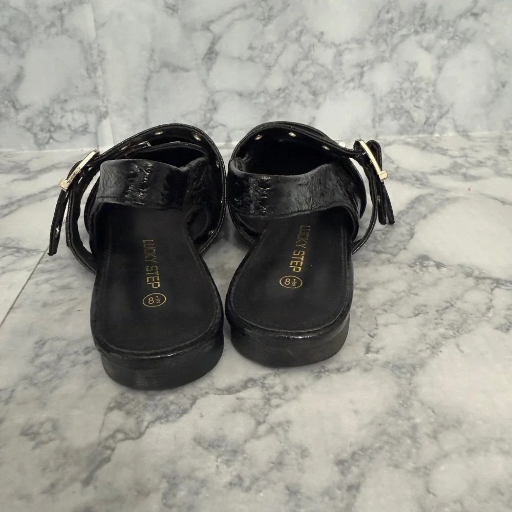 Lucky Step Slingback Flats 8.5 Black Grommet Buckle Pointed Toe Patent Edgy Punk